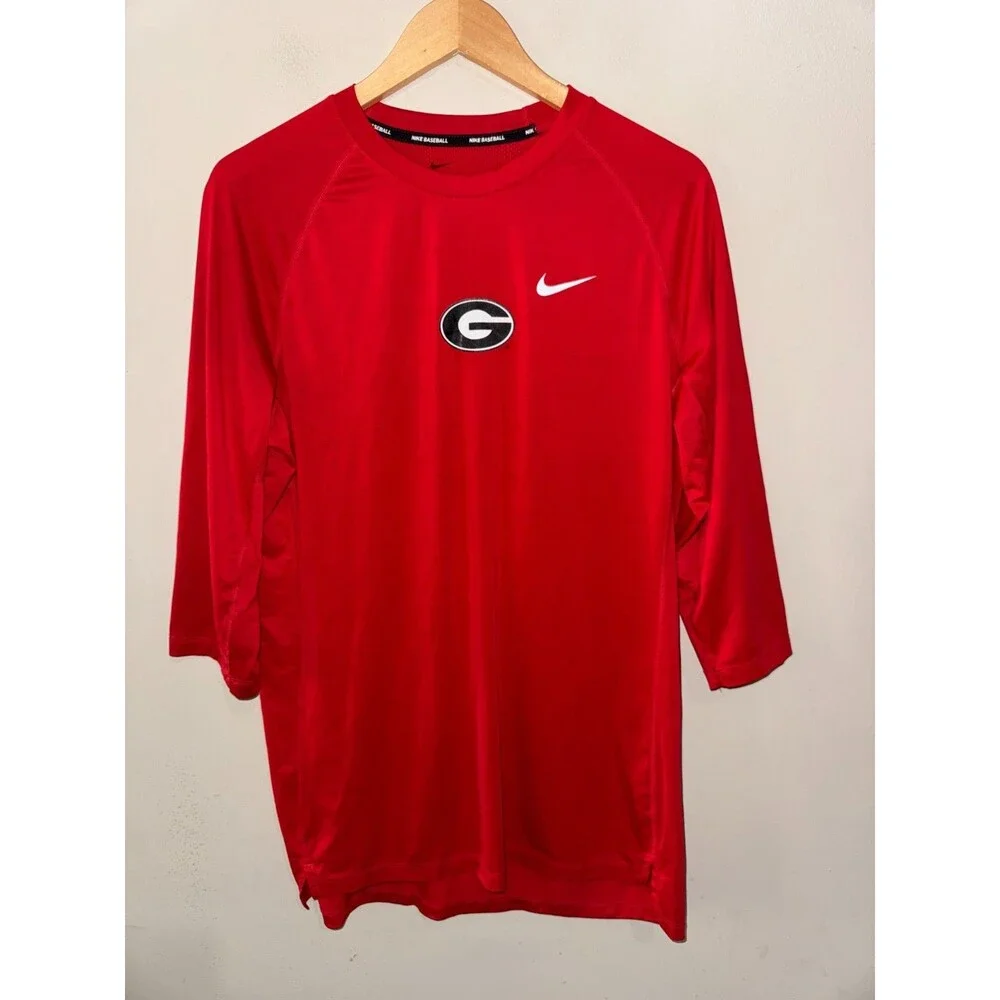 Men L Nike UGA Georgia Bulldogs Baseball Team Issue Compression 3/4 Sleeve Shirt